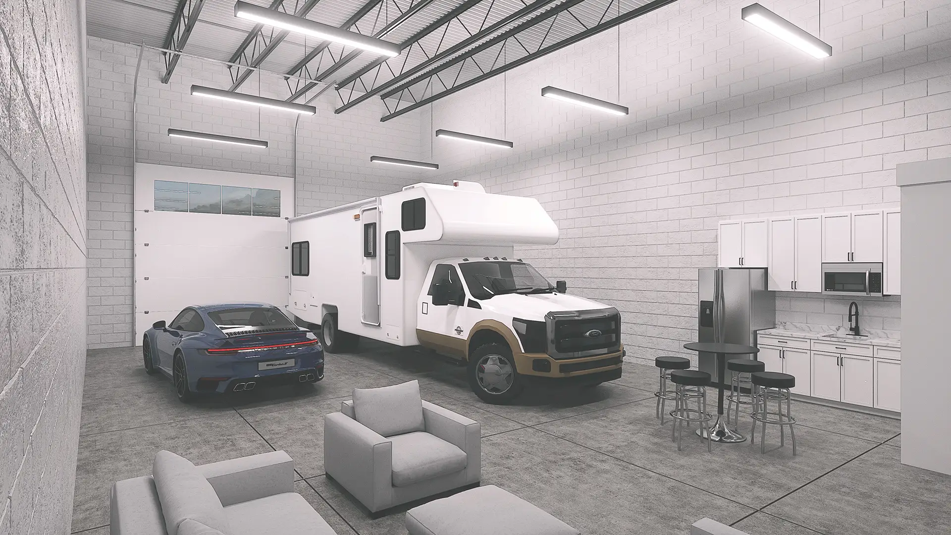 Holly Woods Storage Buildings 1 & 2 - Interior with RV and Kitchen